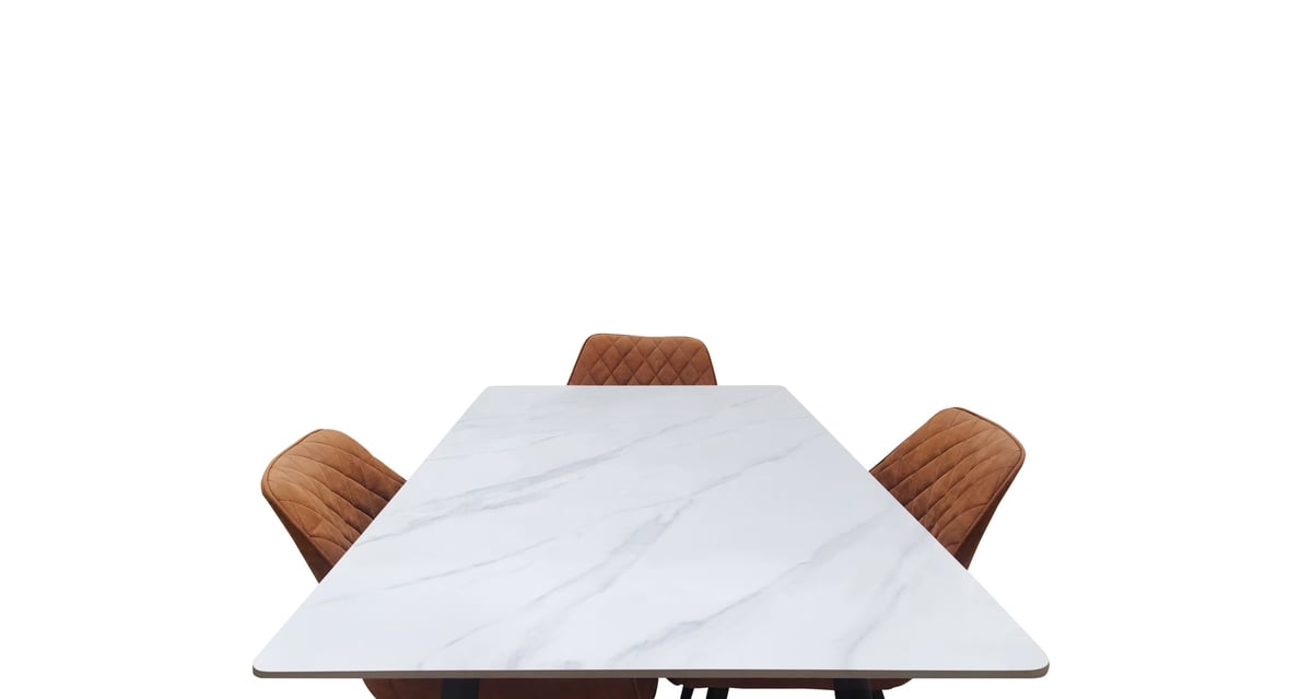 White marble top dining table with brown leather chairs, a stone table protected by the invisible coating
