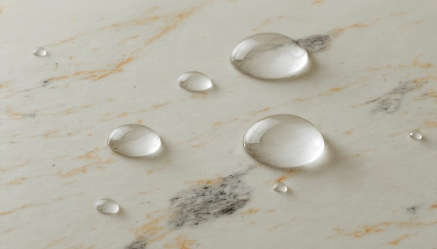 Water droplets beading on a marble surface with brown and gray veining