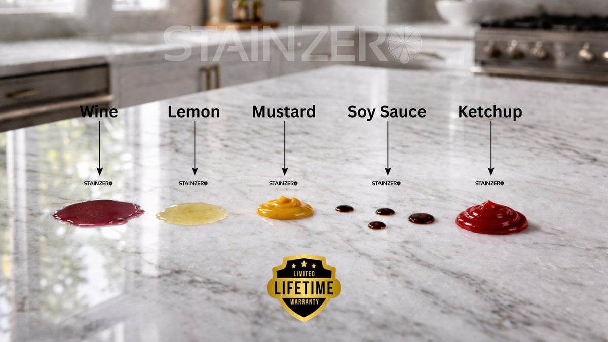 Stain comparison showing wine, lemon, mustard, soy sauce, and ketchup spills on marble countertop in kitchen