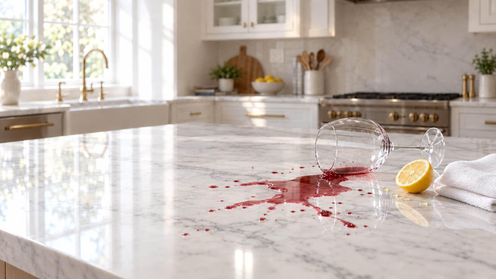 Spilled red wine from overturned glass on marble kitchen island countertop with lemon slice nearby