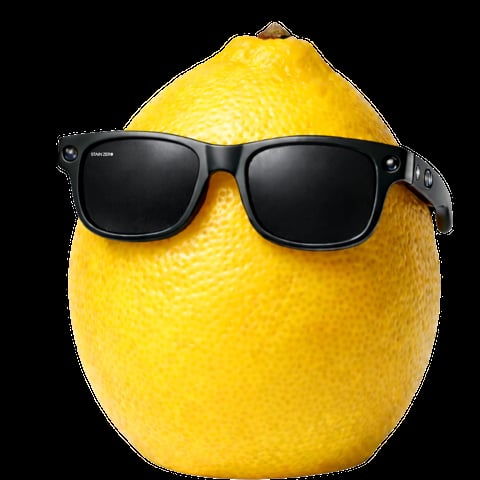 A bright yellow lemon wearing oversized black sunglasses against a black background